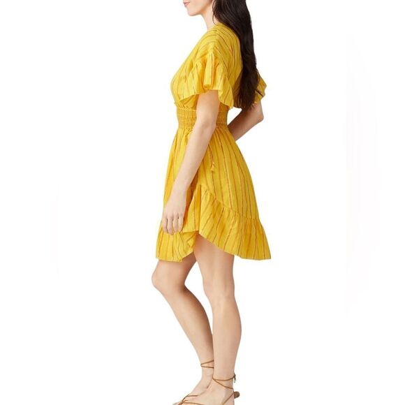 Saylor Yellow Adrianne Ruffle Sleeve Smocked Waist Mini Dress Sz M - Picture 3 of 16